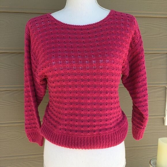 Magenta Pink Valentine Date Night Loose Knit Pullover Cropped Sweater M - Picture 1 of 8